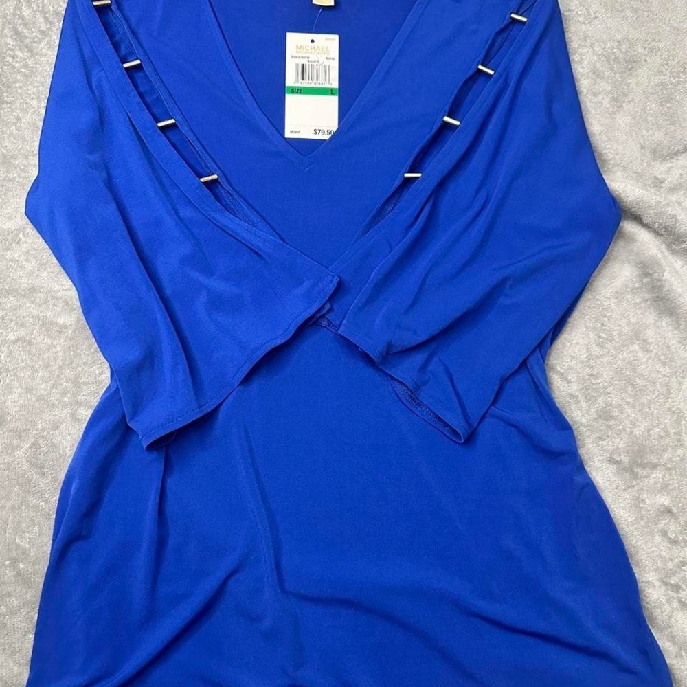 NWT Michael Kors Women's Blue Blouse Size Large Retro Gold Hardware
